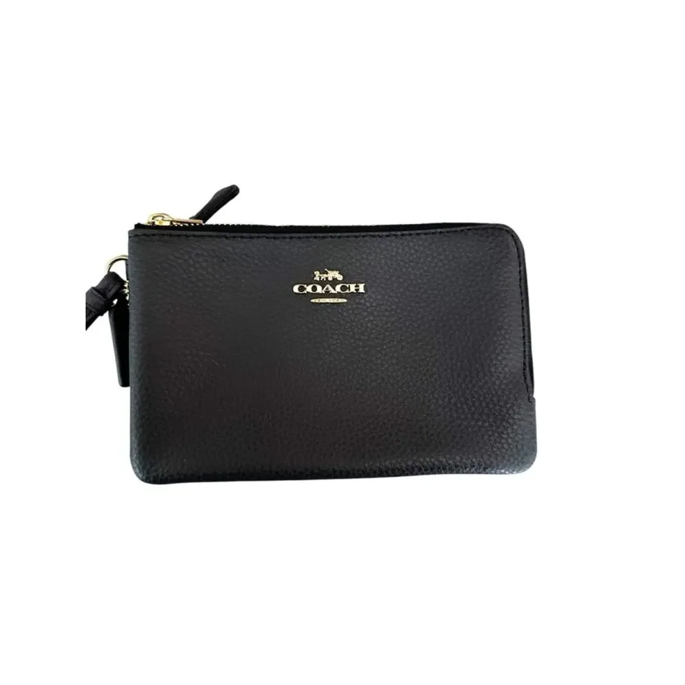 Coach Double Corner Zip Wristlet Pebbled Leather Midnight Navy NEW